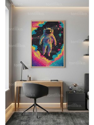 Tontilika Renkli Astronot Tasarımı Dekoratif Ahşap Çerçeveli Tablo – Uzay ve Neon Sanat Duvar Dekoru