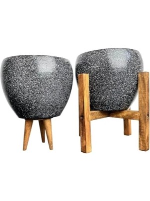 MarkEntegra 15 cm Siyah Granit Toprak Saksı Ikili Set, 3 ve 4 Ayaklı