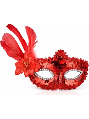 İlanib Ticaret Mey Ithalat® Kırmızı Tüylü Payetli Lüks Taşlı Parti Maskesi