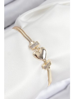 Nacario Mey Ithalat® Pirinç Zirkon Taşlı Kalp Model Gold Renk Kadın Bileklik