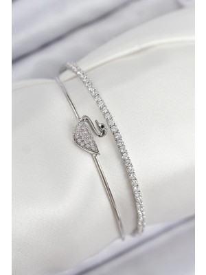 Pileli Store Pilelistore  Pirinç Zirkon Taşlı Kuğu Model Gümüş Renk Kadın Bileklik