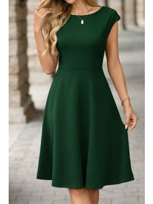 Kadın Yarım Ay Kollu Yakası Acık Kemersiz Midi Ithal Krep Elbise