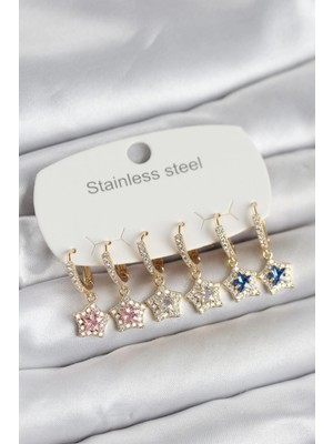 Pileli Store Pilelistore  316L Çelik Zirkon Taşlı Yıldız Form 6'lı Set Kadın Küpe