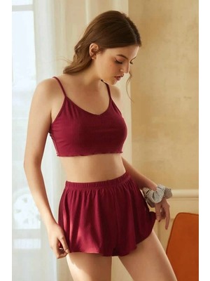 Pileli Store Kadın Bordo Şortlu Kaşkorse Gecelik Takım