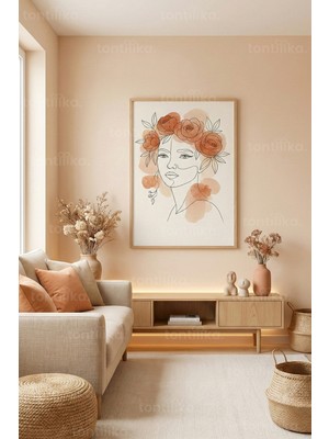 Tontilika Çiçek Taçlı Kadın Line Art Dekoratif Ahşap Çerçeveli Tablo – Boho Modern Duvar Dekoru