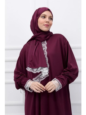 Defka Kendinden Başörtülü Şık Dantelli Kadın Tesettür Namaz Elbisesi