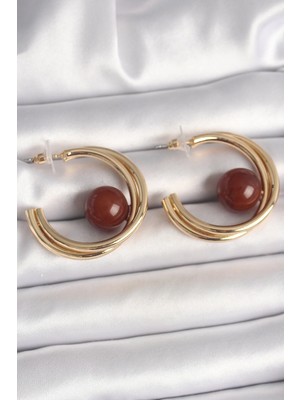 Pileli Store Pilelistore  Pirinç Gold Renk Halka Model Kahverengi Boncuk Detay Kadın Küpe