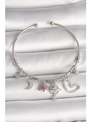 Pileli Store Pilelistore  Pirinç Gümüş Renk Sallantı Zirkon Taşlı Gezegen Figür Kalp Detay Charm Kadın Bileklik