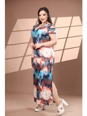 Miss Bonita Ebruli Desenli Büyük Beden Sırtı Dantel ve Aksesuarlı Etek Yırmaçlı Maxı Boy Elbise