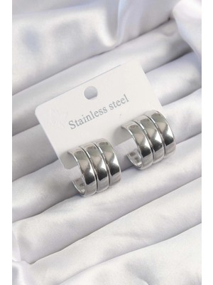Pileli Store Pilelistore  316L Çelik Gümüş Renk 3lü Görünüm Bombe Model Yarım Halka Küpe