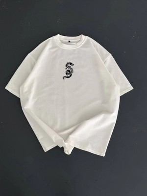 Pileli Store Pilelistore- Baskılı Oversize Bisiklet Yaka T-Shirt - Beyaz