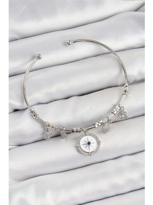 Pileli Store Pilelistore  Pirinç Zirkon Taşlı Pusula Model Gümüş Renk Charm Bileklik