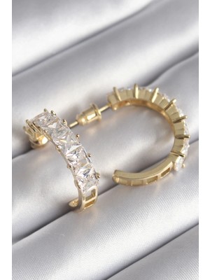 Pileli Store Pilelistore  Pirinç Gold Renk Zirkon Taşlı Halka Model Kadın Küpe