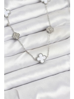 Pileli Store Pilelistore  316L Çelik Zincir Gümüş Renk Beyaz ve Zirkon Taşlı Yonca Kadın Kolye