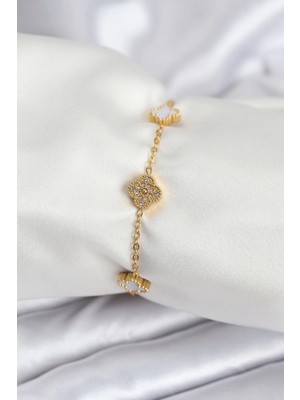 Pileli Store Pilelistore  316L Çelik Gold Renk Beyaz ve Zirkon Taşlı Baby Boy Yonca Kadın Bileklik