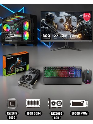 Symoon Ryzen 5 5600 16GB Ddr4 Ram 500GB Nvme 5060 8gb Ekran Kartlı 240MM Sıvı Soğutmalı 27 Inç Monitörlü Klavyeli Gaming Pc