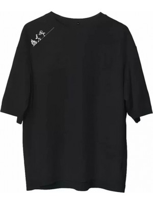 Pileli Store Pilelistore- Unisex Bisiklet Yaka Baskılı Oversize T-Shirt - Siyah