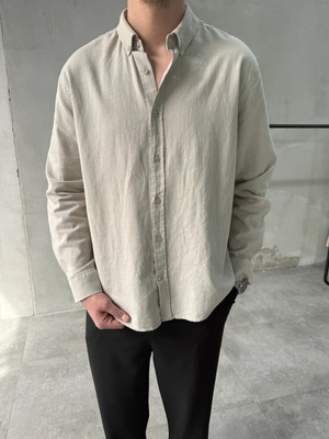 Difransel Jeans Rahat Kalıp Keten Pamuklu Bej Gömlek