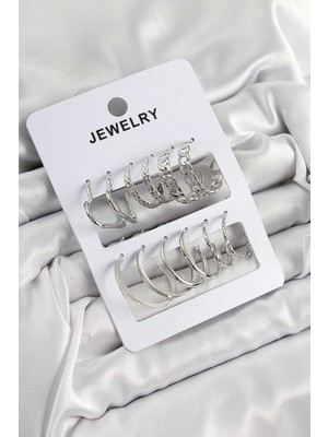 Pileli Store Pilelistore  Pirinç Karışık Halka Model Gümüş Renk 6 Çift Kadın Küpe Set