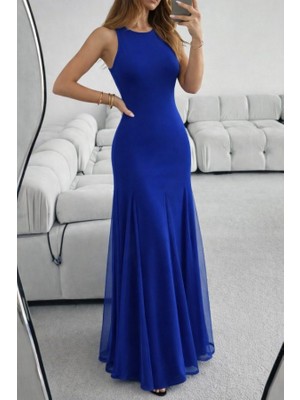 Kadın Askılı Bisiklet Yaka Etek Ucu Tül Detaylı Asimetrik Kiloş Uzun Ithal Krep Elbise