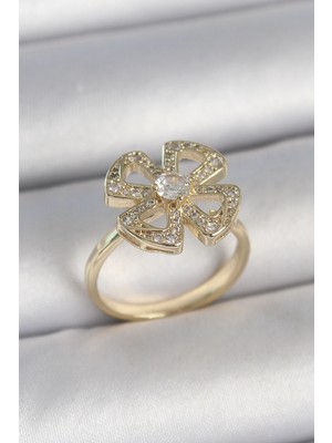 Nacario Mey Ithalat® Pirinç Gold Renk Zirkon Taşlı Yonca Model Ayarlanabilir Kadın Yüzük