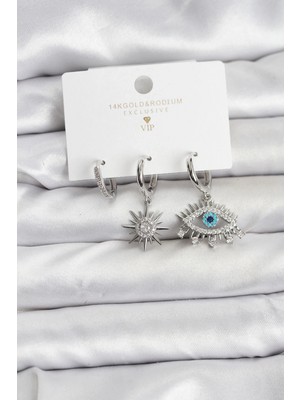 Pileli Store Pilelistore  Göz Model Gümüş Renk Pirinç 3'lü Kadın Küpe Seti