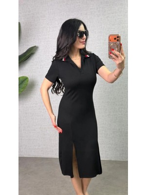 Kadın Polo Yaka Çift Yırtmaç Detay Modal Kumaş Midi Boy Elbise