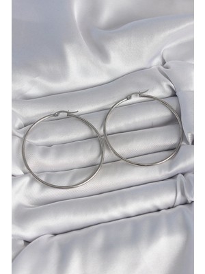 Pileli Store Pilelistore  316 Çelik Gümüş Renk 53 mm Halka Model Kadın Küpe