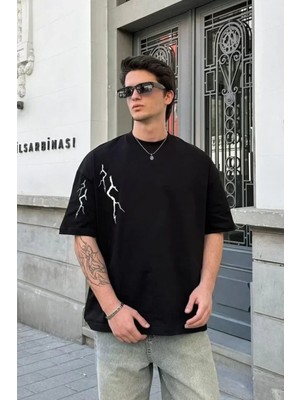 Pileli Store Pilelistore- Unisex Bisiklet Yaka Baskılı Oversize T-Shirt - Siyah