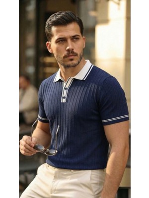 Erkek Düğme Yakalı Kontrast Yaka Triko Tişört