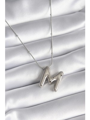 Pileli Store Pilelistore  316L Çelik Gümüş Renk Bubble "m" Harf Model Kadın Kolye