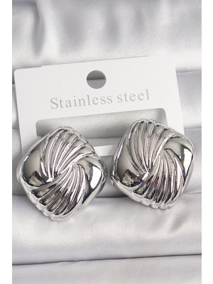 Pileli Store Pilelistore  Pirinç Gümüş Renk Işlemeli Kare Model Kadın Küpe