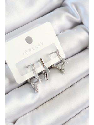 Pileli Store Tegan Pirinç Zirkon Taşlı Yıldız Model Gümüş Renk 3'lü Çift Kadın Küpe Set TG27BKP10809