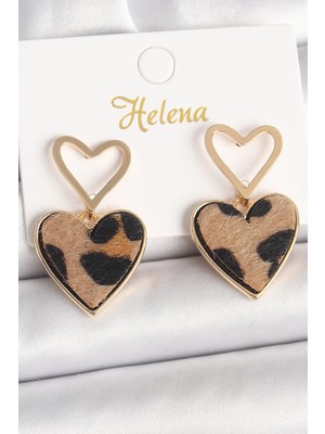 Pileli Store Pilelistore  Pirinç Gold Renk Sallantı Leopar Kalp Model Kadın Küpe