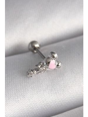 Pileli Store Pilelistore  316L Çelik Gümüş Renk Zirkon Taş Detay Pembe Kalp Işleme Tragus Piercing