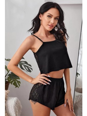 Pileli Store Pilelistore Kadın Siyah Arkası Komple Dantel Şortlu Gecelik Takım