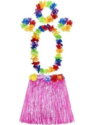 Pileli Store Yetişkin ve Çocuk Uyumlu Luau Aloha Hawaii Pembe Etek ve Renkli Kolye Taç 2 Adet Bileklik Seti