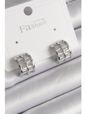 Pileli Store Pilelistore  Pirinç Gümüş Renk Çift Sıra Zirkon Taşlı Kadın Küpe