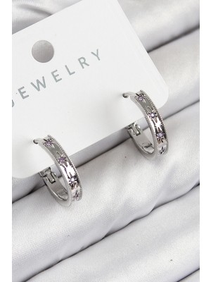 Pileli Store Pilelistore  Pirinç Zirkon Taşlı Halka Model Gümüş Renk Kadın Küpe