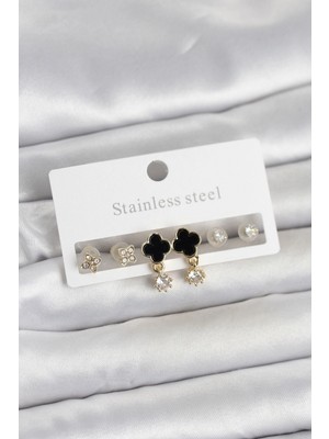 Pileli Store Pilelistore 316L Çelik Gold Renk Yonca Detaylı Kadın Küpe Seti - TJ-BKP11695