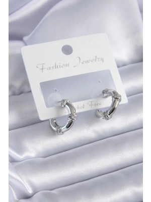 Pileli Store Pilelistore  Gümüş Renk Zirkon Taşlı Halka Model Pirinç Kadın Küpe