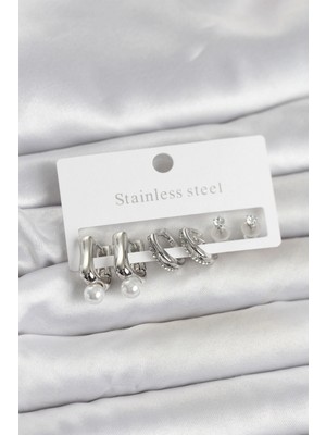 Pileli Store Pilelistore 316L Çelik Gümüş Renk Kadın Küpe Seti - TJ-BKP11690