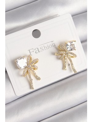 Pileli Store Pilelistore  Pirinç Gold Renk Zirkon Taşlı Kurdele Model Kadın Küpe