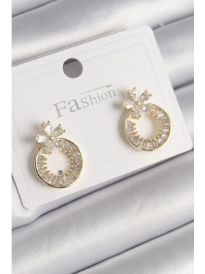 Pileli Store Pilelistore  Pirinç Gold Renk Zirkon Taşlı Halka Model Çiçek Figür Kadın Küpe