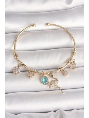 Pileli Store Pilelistore  Pirinç Gold Renk Zirkon Taşlı Sallantı Filamingo Figür Charm Kadın Bileklik