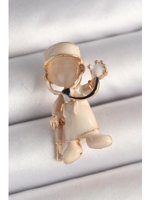 Pileli Store Pilelistore  Pirinç Gold Renk Beyaz Mineli Doktor Model Kadın Broş