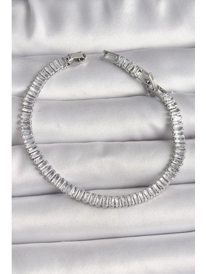 Pileli Store Pilelistore  Pirinç Gümüş Renk Zirkon Taşlı Su Yolu Model Kadın Bileklik