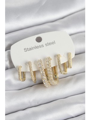Pileli Store Pilelistore  316L Çelik Gold Renk 6'lı Set Zirkon Taşlı Kadın Küpe