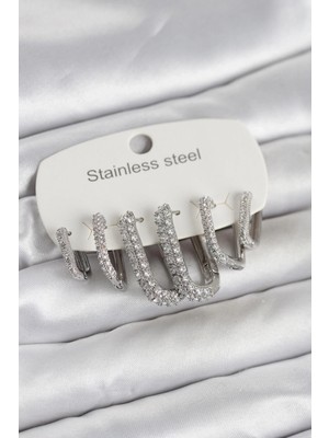 Pileli Store Pilelistore  316L Çelik Gold Renk 6'lı Set Zirkon Taşlı Kadın Küpe