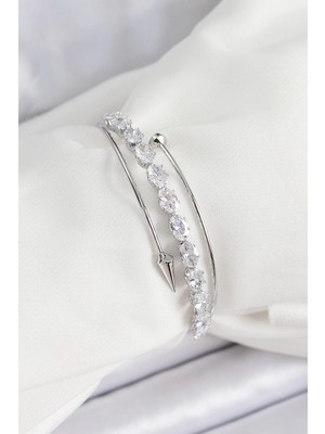 Pileli Store Pilelistore  Pirinç Gümüş Renk Arpa Zirkon Taşlı Kadın Bileklik